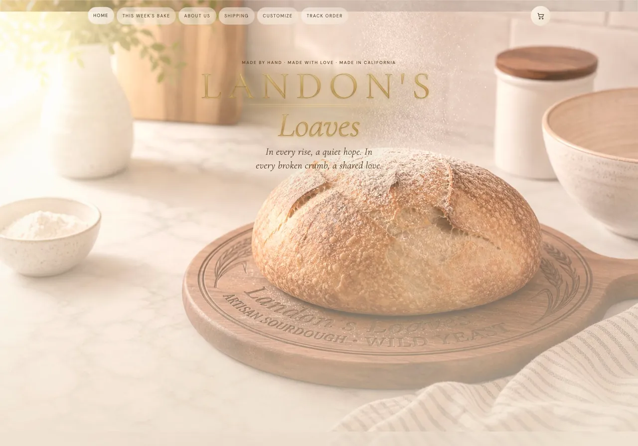 Landon's Loaves homepage showing the live website design, navigation, and hero section.