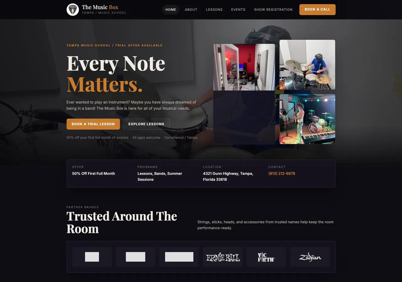 The Music Box Tampa homepage showing the live website design, navigation, and lesson-first hero section.