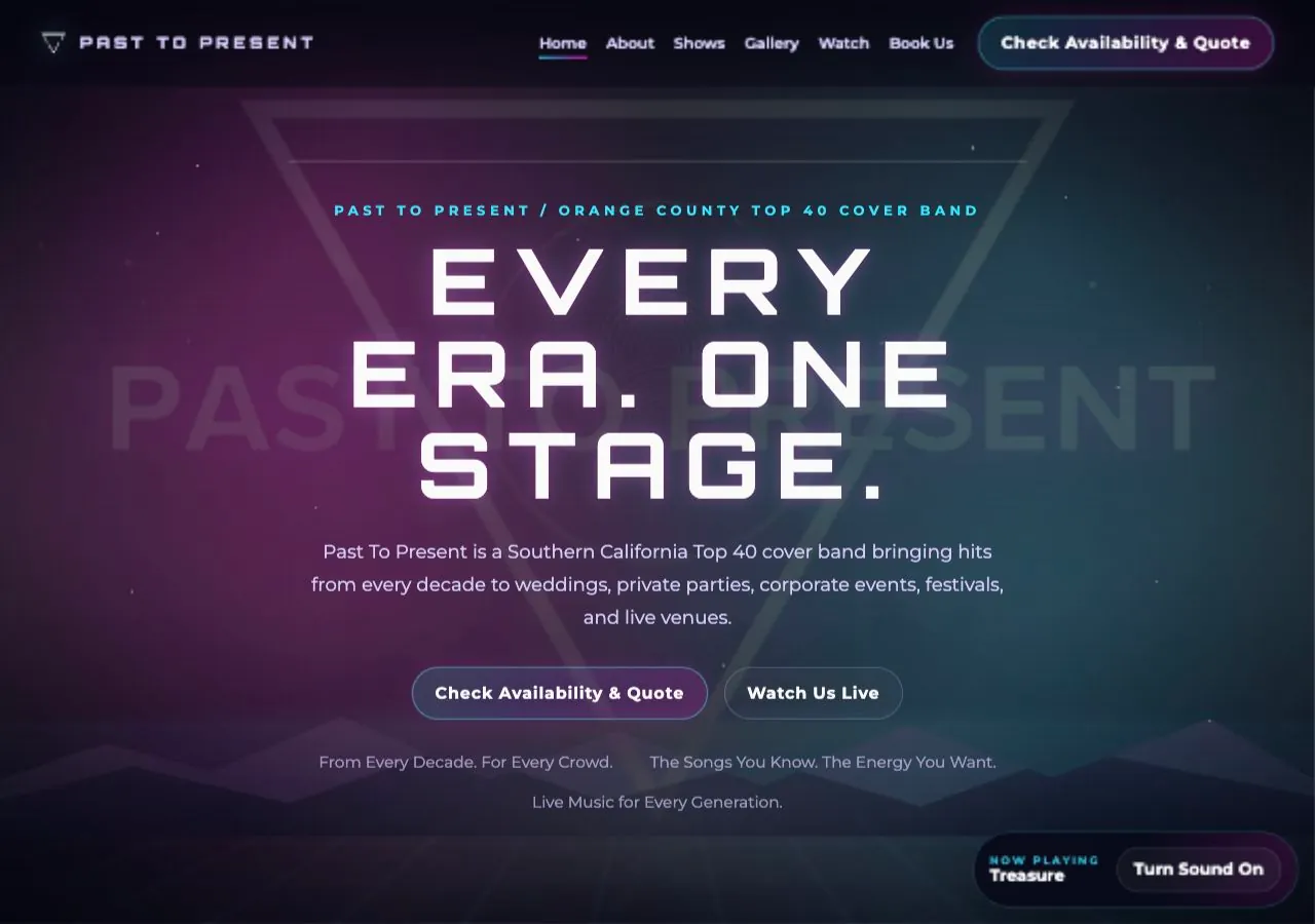 Past To Present homepage showing the live band website design, performance-led hero section, and booking call to action.